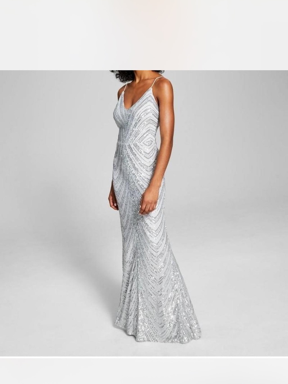 B Darlin Silver Sequin Spaghetti-Strap Prom Gown